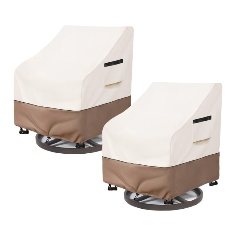SoloToo Patio Chair Covers Review – Ultimate Heavy-Duty 600D Waterproof Outdoor Furniture Protection (2 Pack) 3 Cream and tan SoloToo patio chair covers protecting outdoor furniture on a modern stone patio, waterproof and durable