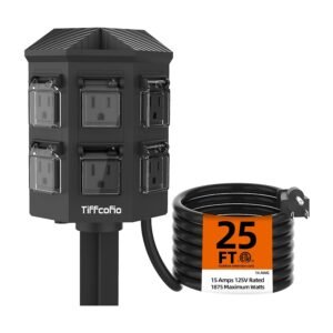 Black outdoor power strip stake tower with 6 weatherproof covered outlets and 25-foot heavy-duty extension cord coiled beside