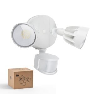 Outdoor security flood light with dual LED heads and motion sensor in white finish