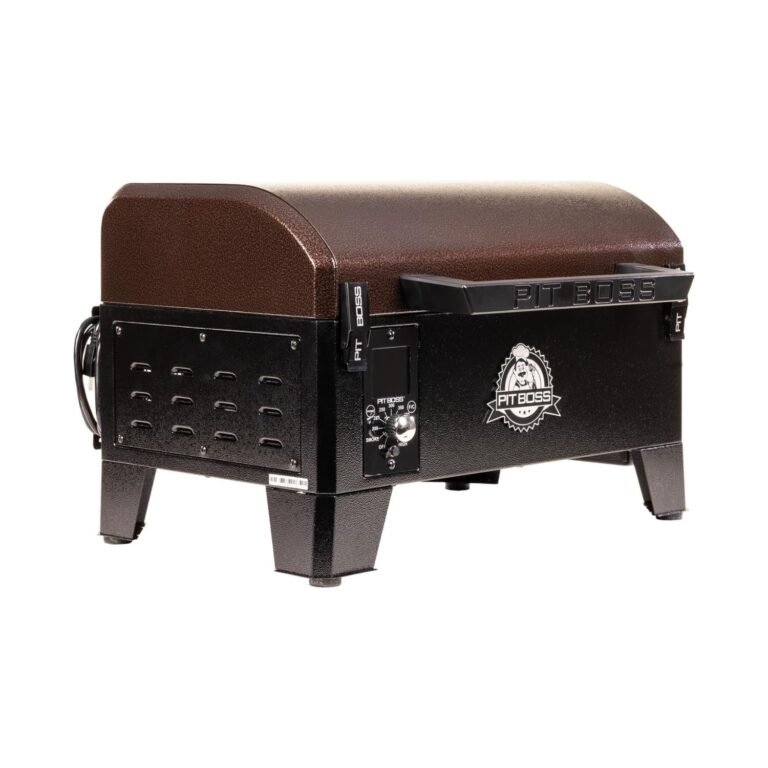 Tabletop Wood Pellet Grill with brown lid and black body, featuring logo and carrying handle for easy portability