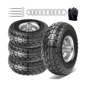 Set of four black wheels with silver rims and hardware, compatible as flat-free tire 10 inch replacements for hand trucks and garden carts.