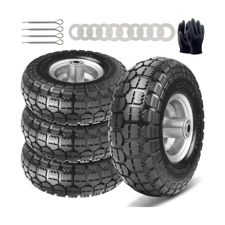 Set of four black wheels with silver rims and hardware, compatible as flat-free tire 10 inch replacements for hand trucks and garden carts.
