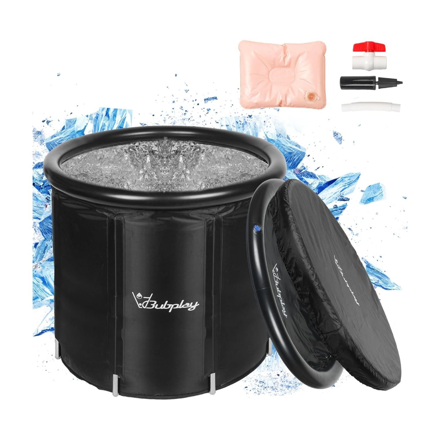 Black Bubplay cold plunge tub filled with water and ice, with padded lid, pink neck pillow, and complete accessory kit
