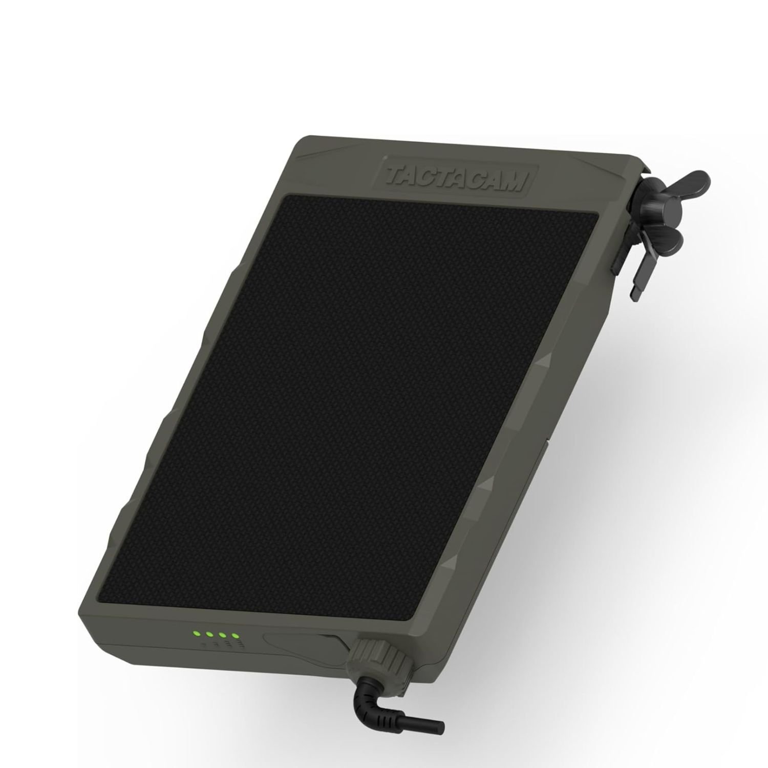 Olive green Tactacam Defend security camera with solar panel and LED indicators, mounted on tree in outdoor setting for remote monitoring