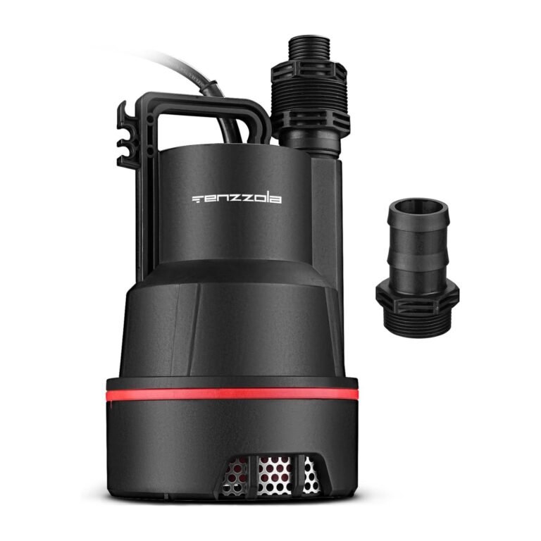Product Reviews 1 Submersible utility pump by Enzzola in black with red accent ring and hose adapter