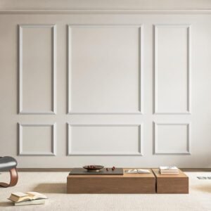 Wainscoting wall molding kit with white decorative rectangular panels in modern living room setting