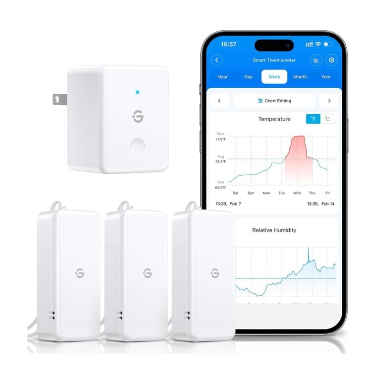 GoveeLife WiFi Hygrometer Review – Ultimate Smart Sensor with 2-Year Data Tracking & Real-Time Alerts 7 GoveeLife WiFi hygrometer set with four white temperature and humidity sensors, gateway hub, and smartphone displaying monitoring app with graphs