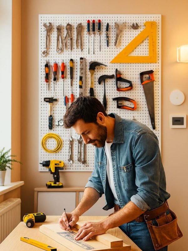 home-workshop-pegboard-tool-organizer-carpentry-planning Professional carpenter planning woodworking project at workbench with organized pegboard tool storage wall