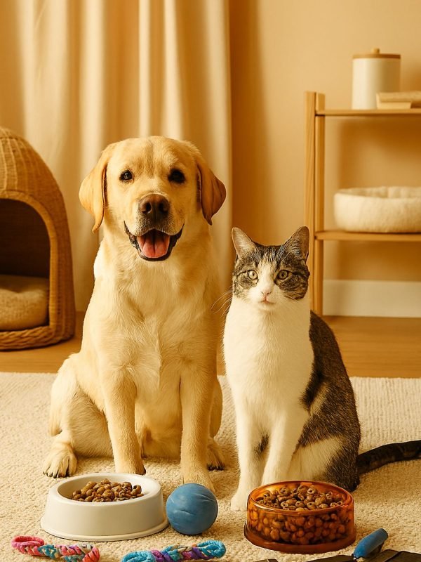 pet-feeding-station-dog-cat-food-bowls-toys-home-setup Happy yellow Labrador and tabby cat sitting together at home feeding station with food bowls and toys